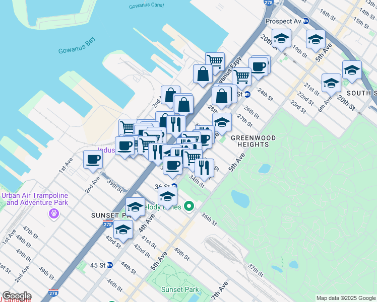 map of restaurants, bars, coffee shops, grocery stores, and more near 140 32nd Street in Brooklyn