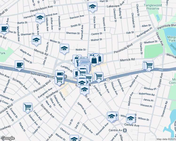 map of restaurants, bars, coffee shops, grocery stores, and more near 303 Merrick Road in Lynbrook