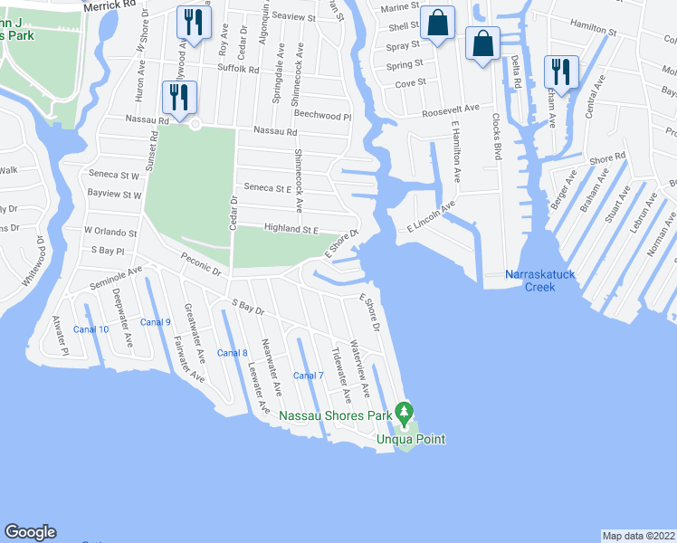 map of restaurants, bars, coffee shops, grocery stores, and more near Harbor Place in Massapequa