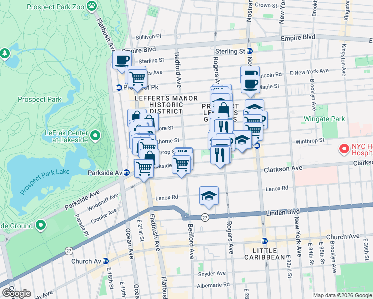 map of restaurants, bars, coffee shops, grocery stores, and more near 109 Winthrop Street in Brooklyn