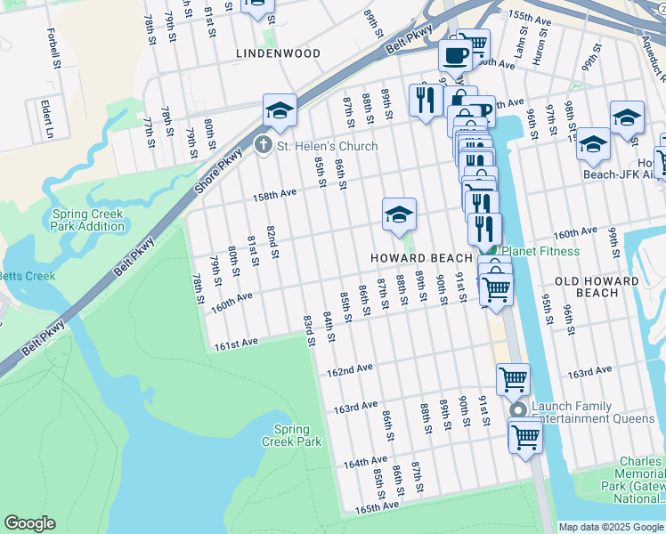 map of restaurants, bars, coffee shops, grocery stores, and more near 159-44 85th Street in Queens