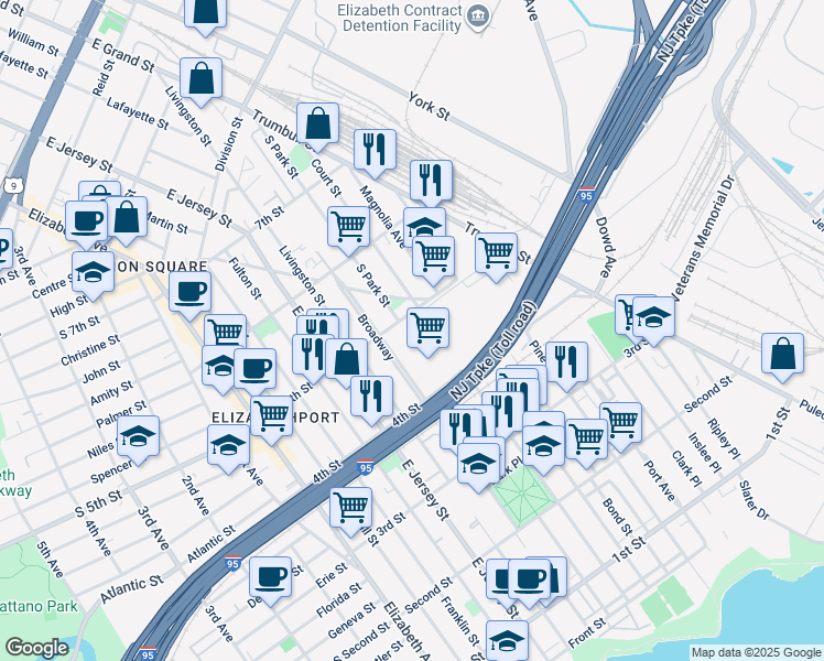 map of restaurants, bars, coffee shops, grocery stores, and more near 501 Court Street in Elizabeth