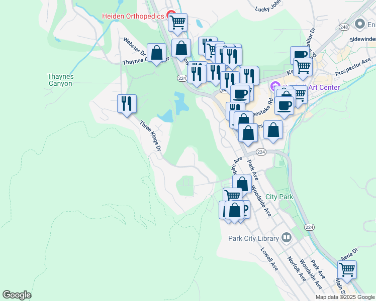 map of restaurants, bars, coffee shops, grocery stores, and more near 1500 Three Kings Drive in Park City