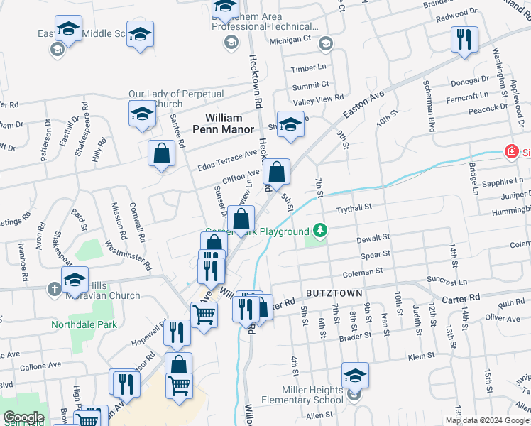map of restaurants, bars, coffee shops, grocery stores, and more near 3414 Easton Avenue in Bethlehem