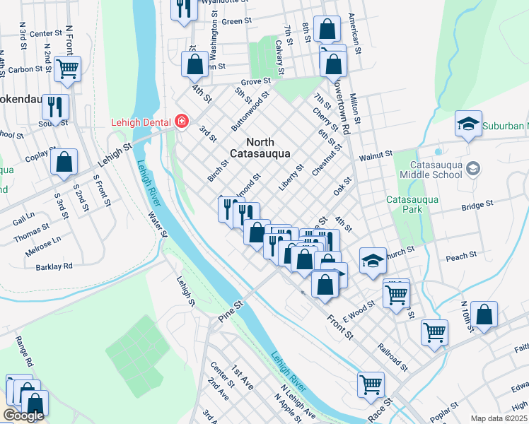 map of restaurants, bars, coffee shops, grocery stores, and more near 756 Limestone Street in Catasauqua