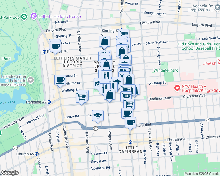 map of restaurants, bars, coffee shops, grocery stores, and more near 583 Rogers Avenue in Brooklyn
