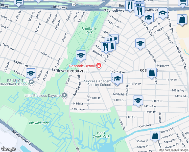 map of restaurants, bars, coffee shops, grocery stores, and more near 240-63 147th Avenue in Queens