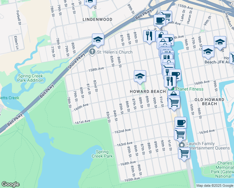 map of restaurants, bars, coffee shops, grocery stores, and more near 159-22 86th Street in Queens