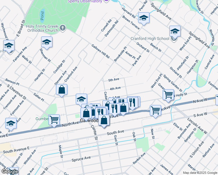 map of restaurants, bars, coffee shops, grocery stores, and more near 5 4th Avenue in Cranford