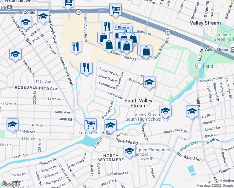 map of restaurants, bars, coffee shops, grocery stores, and more near 70 Brentwood Lane in Valley Stream