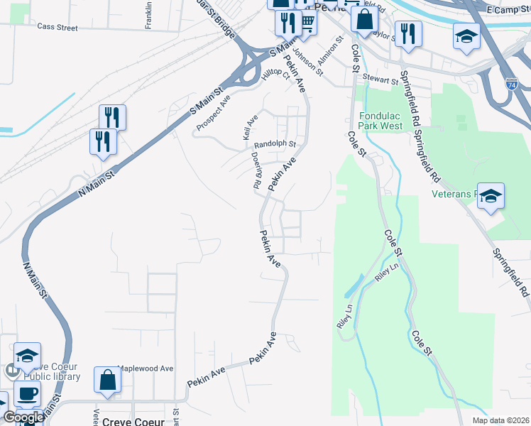 map of restaurants, bars, coffee shops, grocery stores, and more near 603 Pekin Avenue in East Peoria