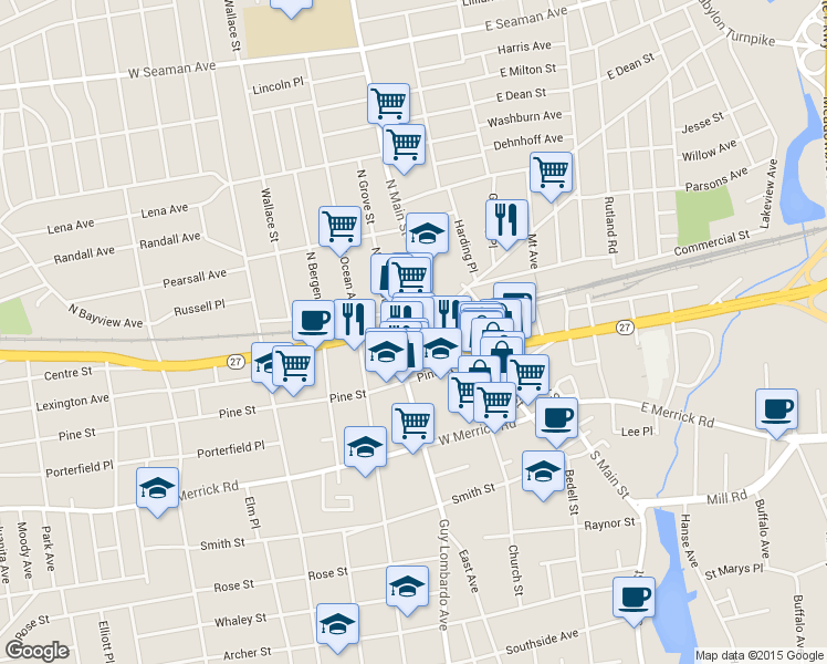 map of restaurants, bars, coffee shops, grocery stores, and more near 67 Freeport Plaza West in Freeport