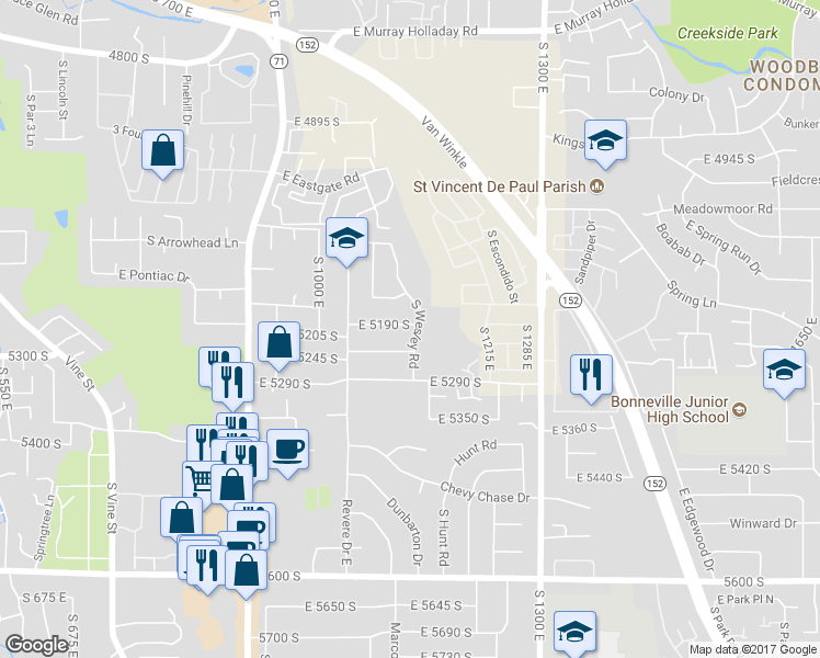 map of restaurants, bars, coffee shops, grocery stores, and more near 1114 East 5190 South in Salt Lake City