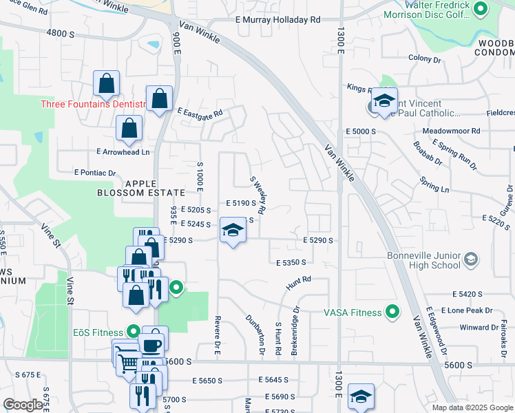 map of restaurants, bars, coffee shops, grocery stores, and more near 1114 East 5190 South in Salt Lake City