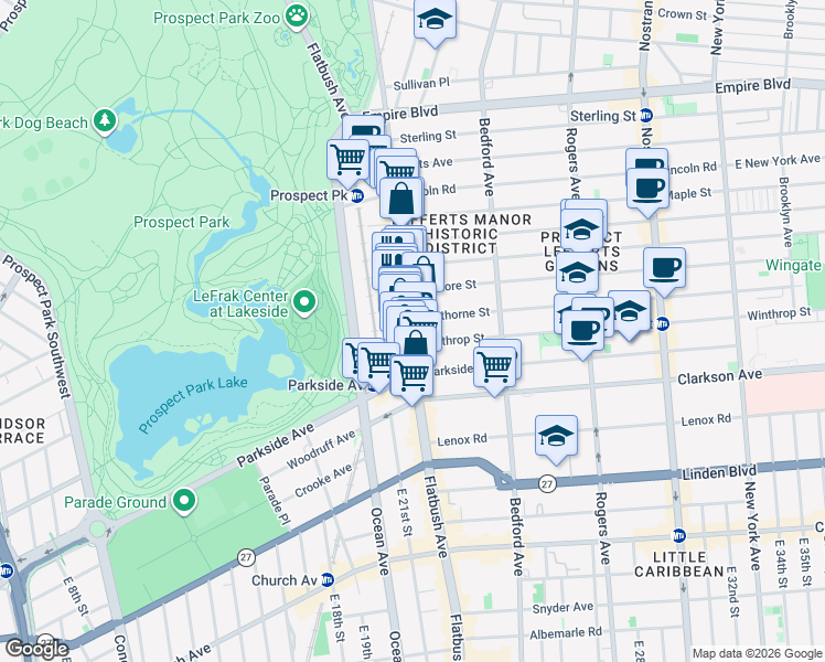 map of restaurants, bars, coffee shops, grocery stores, and more near 650 Flatbush Avenue in Brooklyn