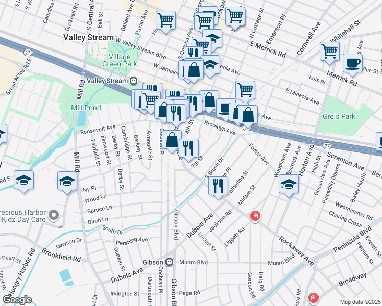 map of restaurants, bars, coffee shops, grocery stores, and more near 28 5th Street in Valley Stream