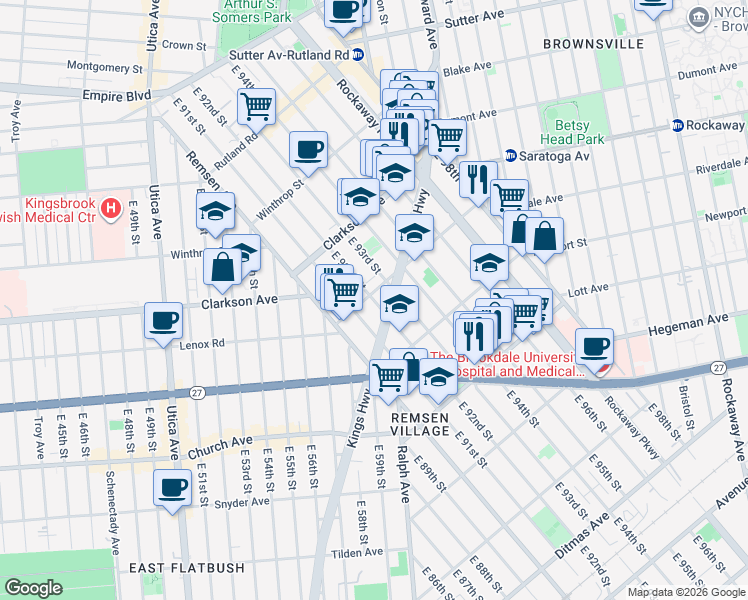 map of restaurants, bars, coffee shops, grocery stores, and more near 373 East 92nd Street in Brooklyn