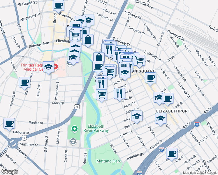 map of restaurants, bars, coffee shops, grocery stores, and more near 312 High Street in Elizabeth