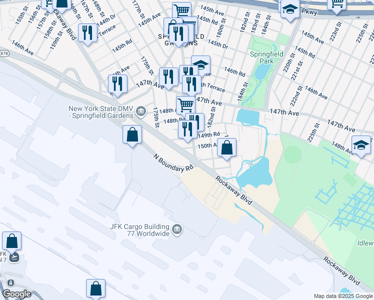 map of restaurants, bars, coffee shops, grocery stores, and more near 178-0 149th Road in Queens