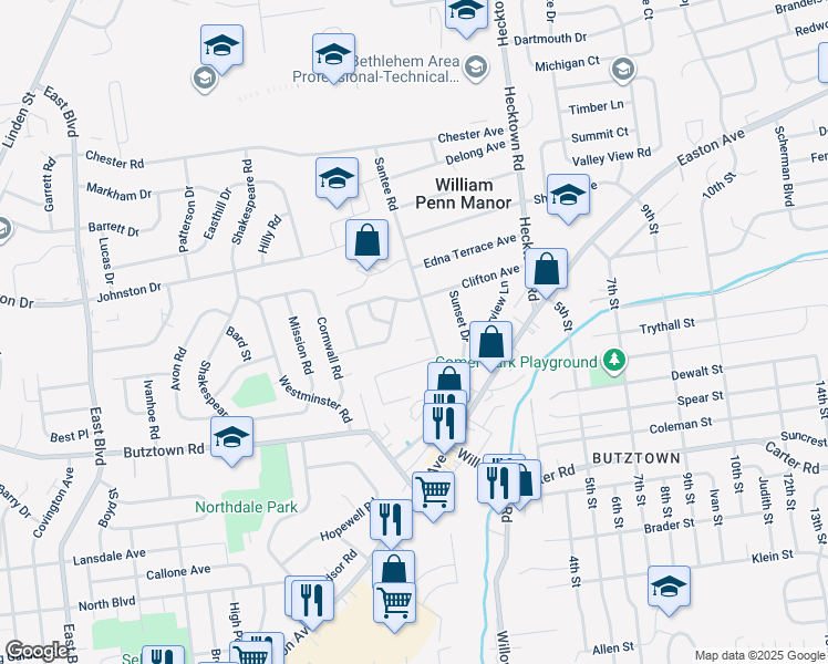 map of restaurants, bars, coffee shops, grocery stores, and more near in Bethlehem