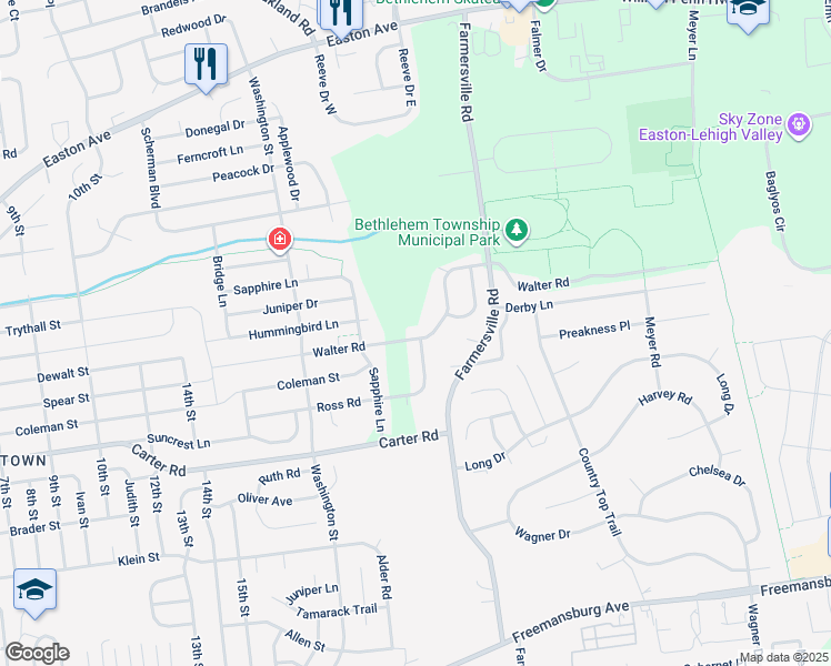 map of restaurants, bars, coffee shops, grocery stores, and more near 4155 Walter Road in Bethlehem