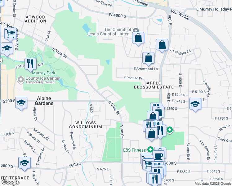 map of restaurants, bars, coffee shops, grocery stores, and more near 5261 South Springhouse Lane in Murray
