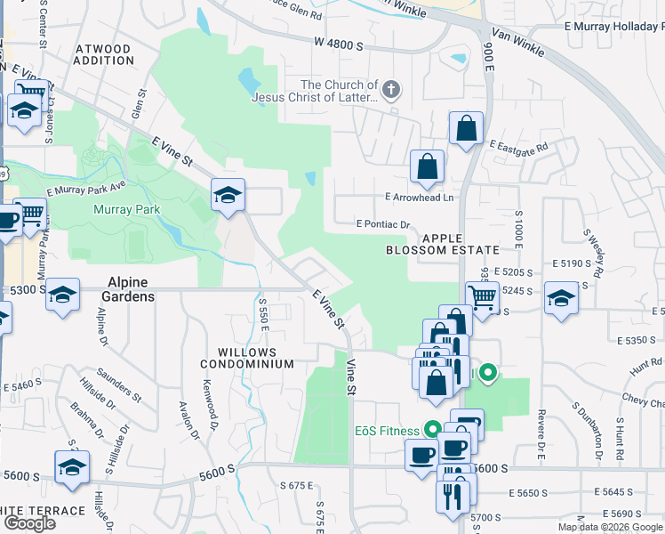 map of restaurants, bars, coffee shops, grocery stores, and more near 5261 South Springhouse Lane in Murray