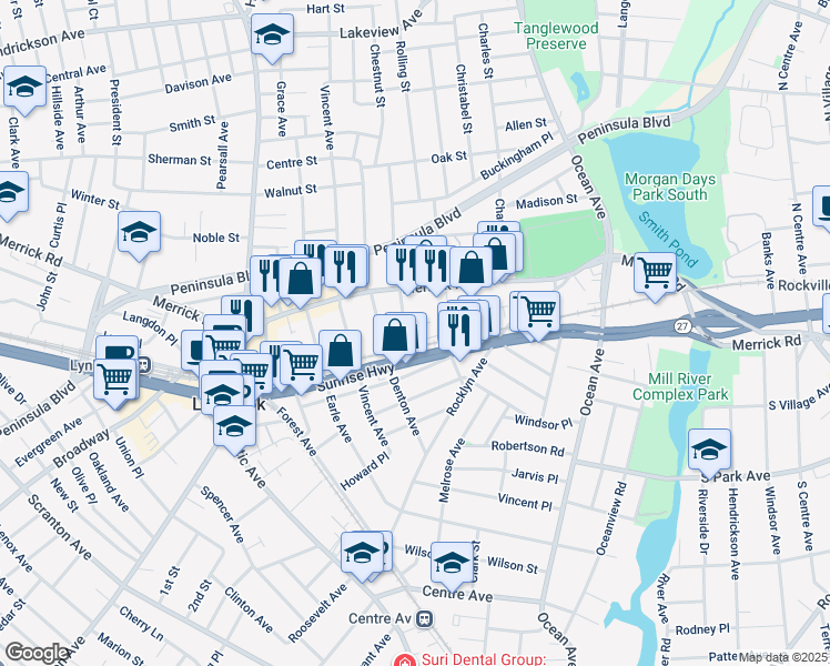 map of restaurants, bars, coffee shops, grocery stores, and more near 20 Watkins Street in Lynbrook