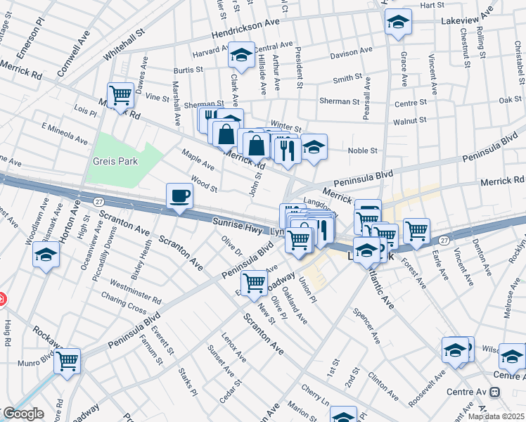 map of restaurants, bars, coffee shops, grocery stores, and more near 145 Lyon Place in Lynbrook
