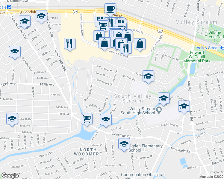 map of restaurants, bars, coffee shops, grocery stores, and more near 70 Brentwood Lane in Valley Stream