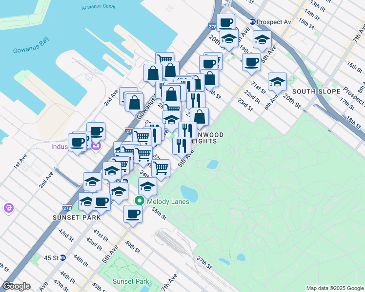 map of restaurants, bars, coffee shops, grocery stores, and more near 192 29th Street in Brooklyn