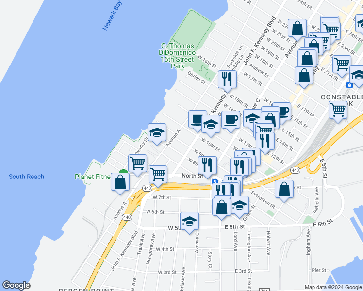 map of restaurants, bars, coffee shops, grocery stores, and more near 125 West 9th Street in Bayonne
