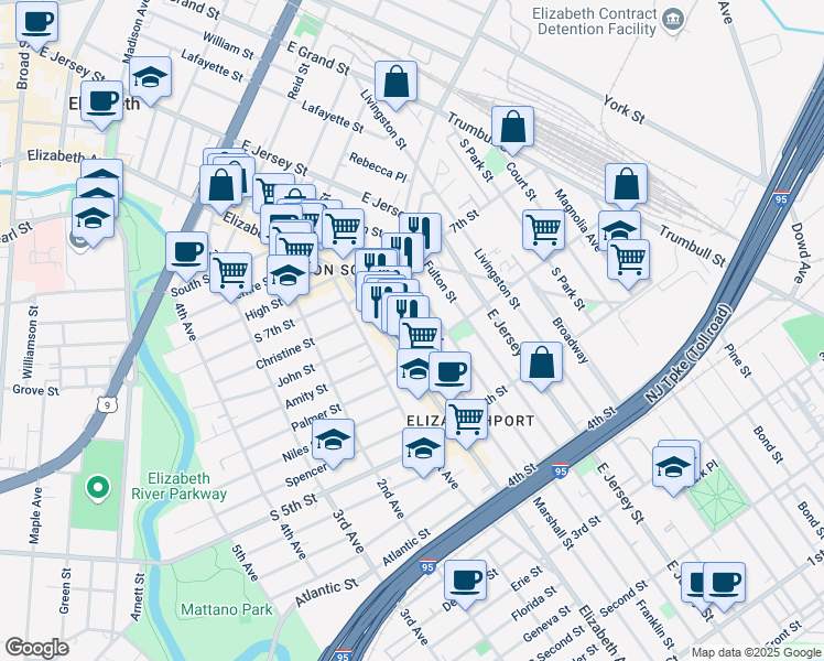 map of restaurants, bars, coffee shops, grocery stores, and more near 618 Franklin Street in Elizabeth