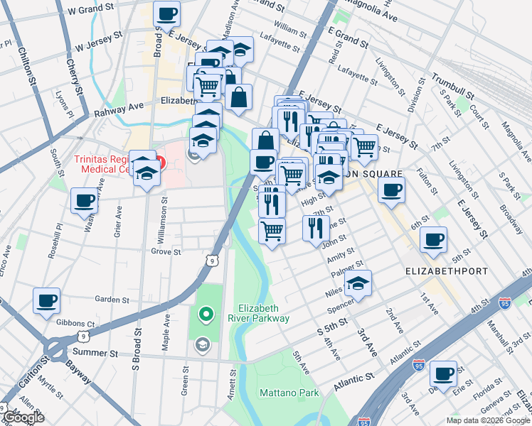 map of restaurants, bars, coffee shops, grocery stores, and more near 329 Centre Street in Elizabeth