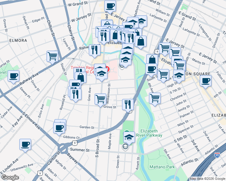 map of restaurants, bars, coffee shops, grocery stores, and more near 310 Williamson Street in Elizabeth