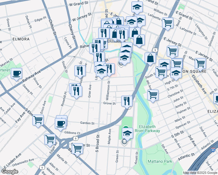 map of restaurants, bars, coffee shops, grocery stores, and more near 310 Williamson Street in Elizabeth