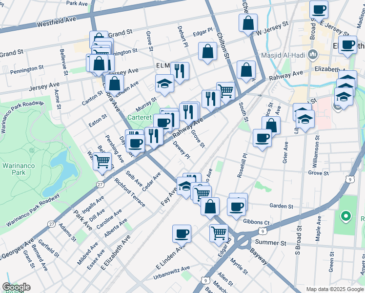 map of restaurants, bars, coffee shops, grocery stores, and more near 1048 Grove Street in Elizabeth