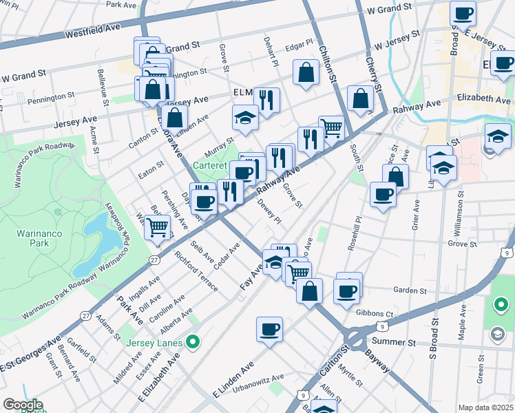 map of restaurants, bars, coffee shops, grocery stores, and more near in Elizabeth