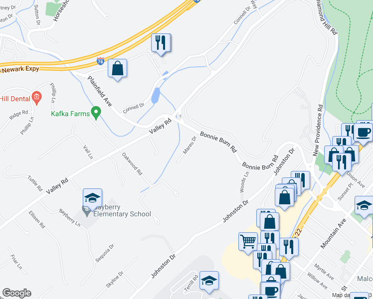 map of restaurants, bars, coffee shops, grocery stores, and more near 365 Bonnie Burn Road in Watchung