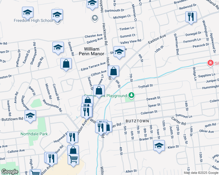 map of restaurants, bars, coffee shops, grocery stores, and more near 3452 Easton Avenue in Bethlehem
