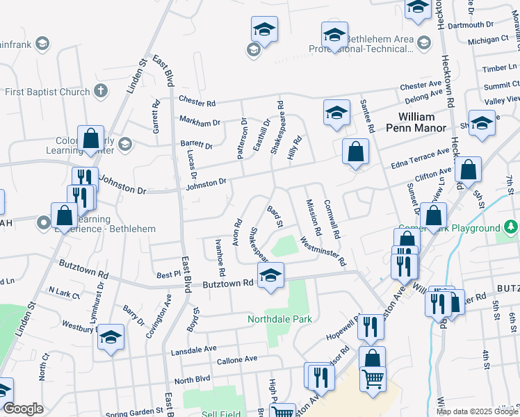 map of restaurants, bars, coffee shops, grocery stores, and more near 3063 Avon Road in Bethlehem