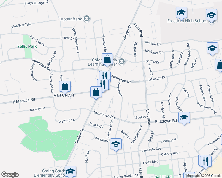 map of restaurants, bars, coffee shops, grocery stores, and more near 1329 Davann Drive in Bethlehem