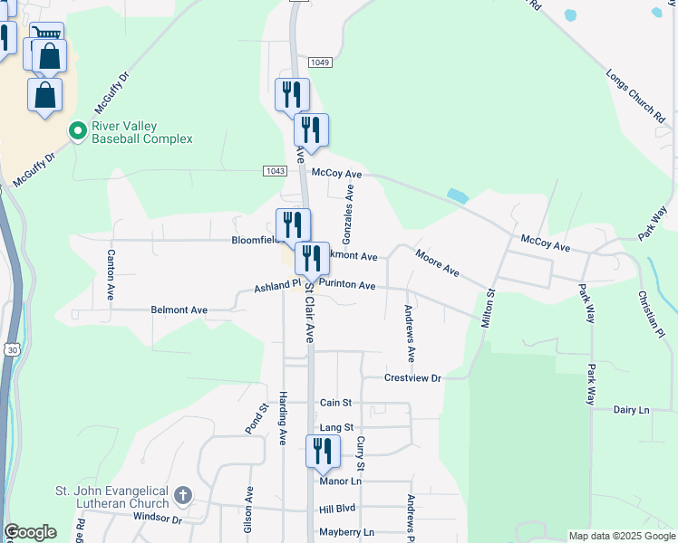 map of restaurants, bars, coffee shops, grocery stores, and more near 49211 Oakmont Avenue in East Liverpool