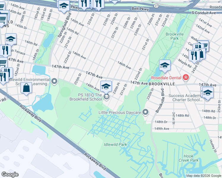 map of restaurants, bars, coffee shops, grocery stores, and more near 147-37 230th Street in Queens