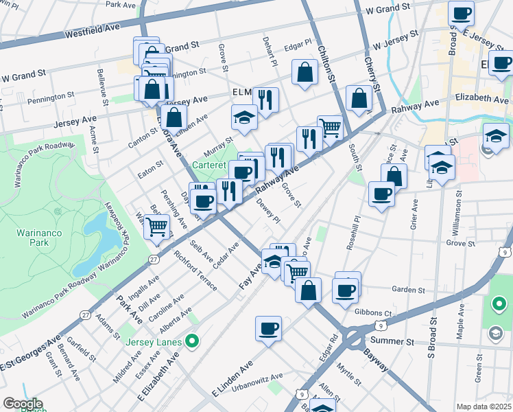 map of restaurants, bars, coffee shops, grocery stores, and more near in Elizabeth