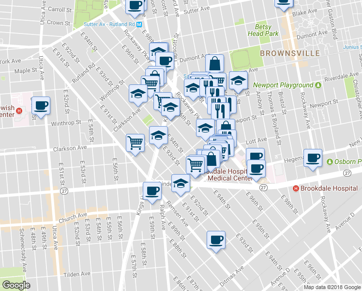map of restaurants, bars, coffee shops, grocery stores, and more near 411 East 94th Street in Brooklyn