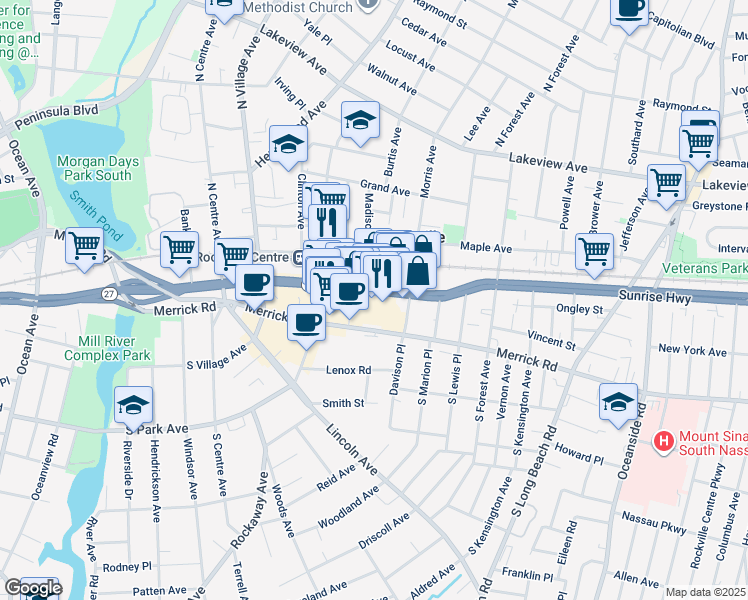 map of restaurants, bars, coffee shops, grocery stores, and more near 309-313 Sunrise Highway in Rockville Centre