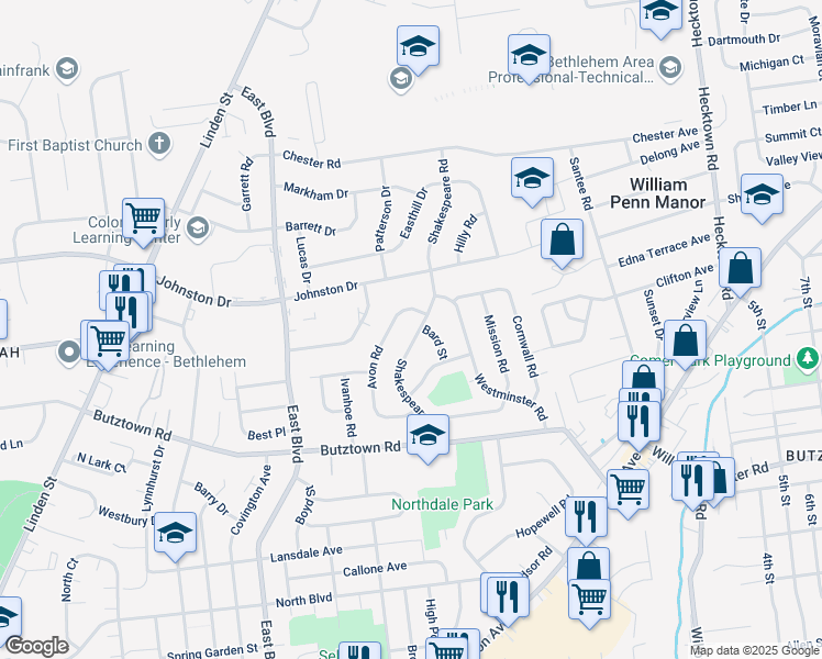 map of restaurants, bars, coffee shops, grocery stores, and more near 3063 Avon Road in Bethlehem