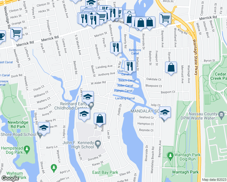 map of restaurants, bars, coffee shops, grocery stores, and more near 2747 Barbara Road in Bellmore