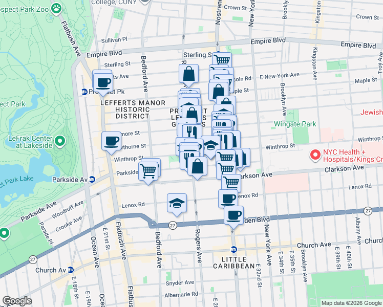 map of restaurants, bars, coffee shops, grocery stores, and more near Rogers Avenue in Brooklyn